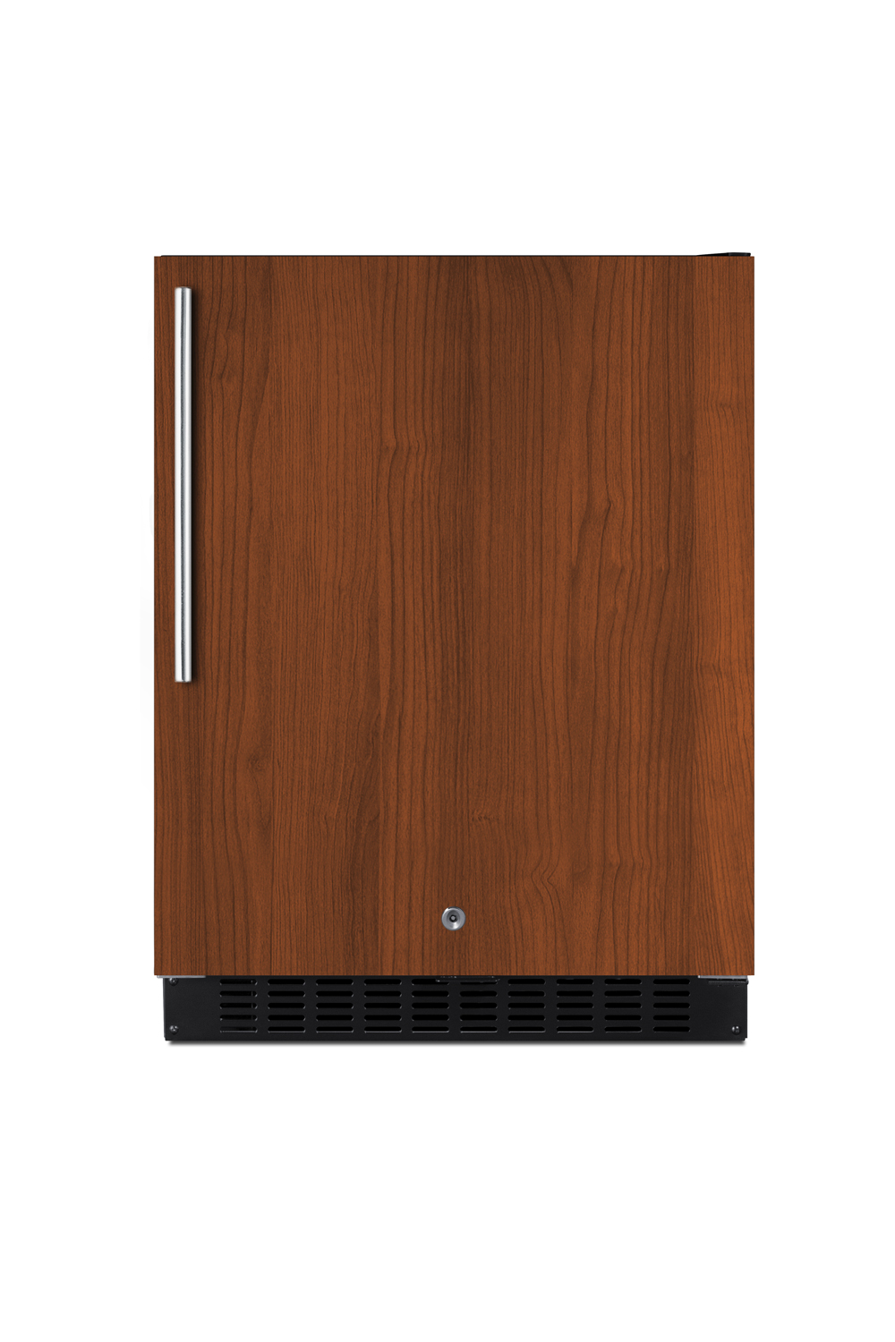 Shallow depth built-in undercounter ADA compliant all-refrigerator with panel-ready door, stainless steel interior, black cabinet, lock, and digital controls
